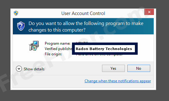 Screenshot where Radon Battery Technologies appears as the verified publisher in the UAC dialog